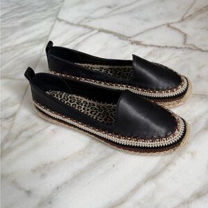 Chico’s Crochet Slip On Flats Black Leather Platform Size 9 - STYLE: 570366997